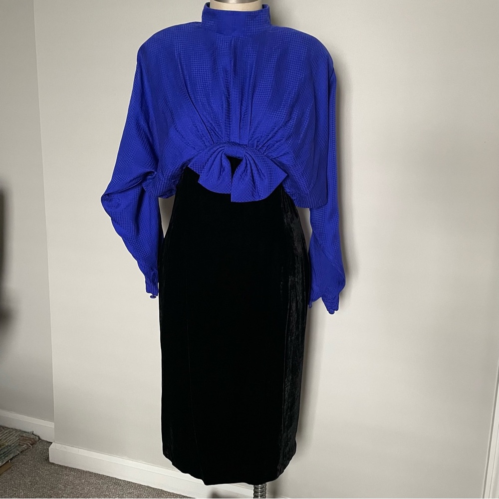 Vintage 80’s Silk Studio royal blue and black dress size 12